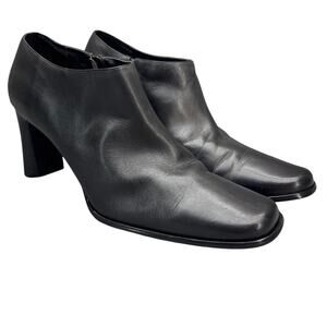 Details Black Leather Side Zip 3" Heel Ankle Bootie Women 9.5B